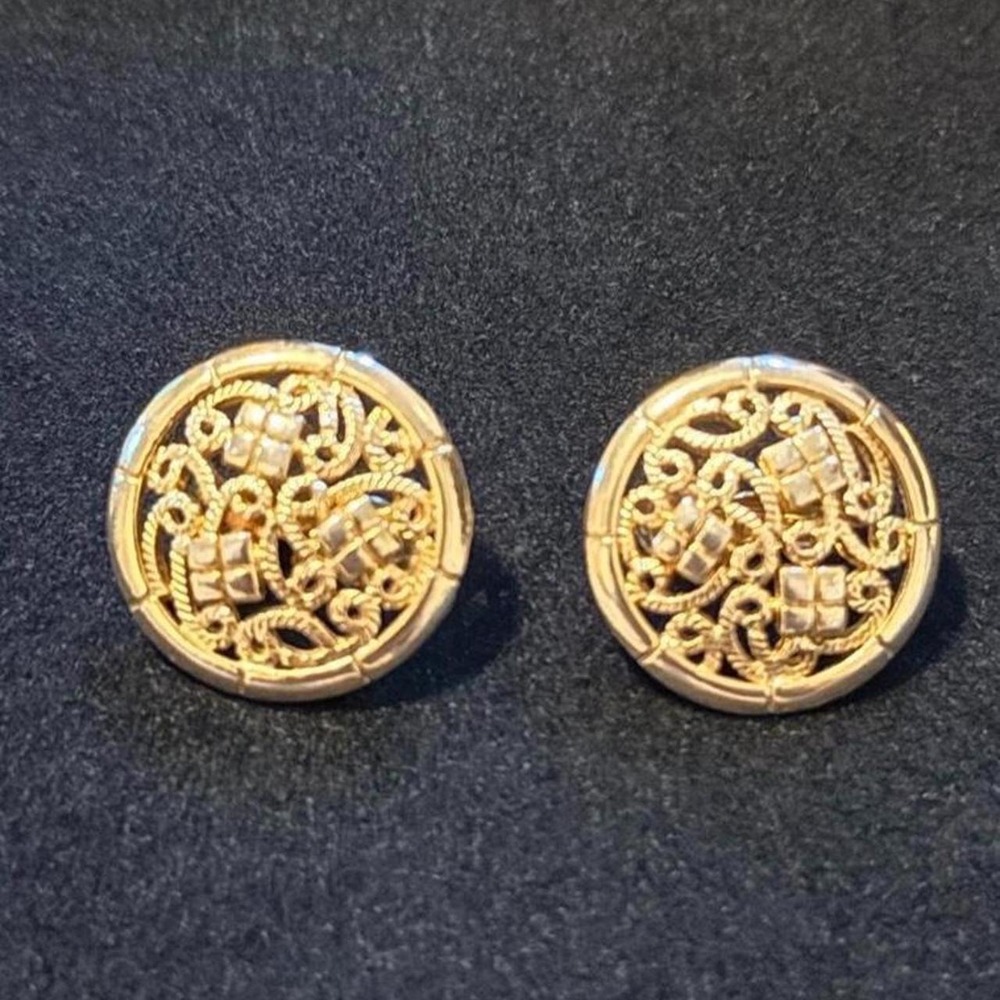 Vintage Gold tone clip on earrings with intricate scrollwork & geometric shapes